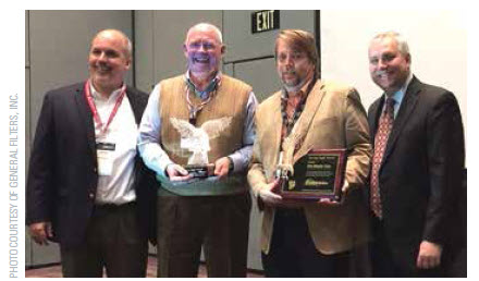 Left: General Filters’ President and CEO Bob Abraham and Vice President John Redner presented the “Soaring Eagle” Award to Mid Atlantic Sales, Norfolk, Va., during General Filters’ annual sales meeting, which coincides with the AHR Expo. Left to right: Redner; Tony Blanton and Robert Pelkey, owners of Mid Atlantic; and Abraham.